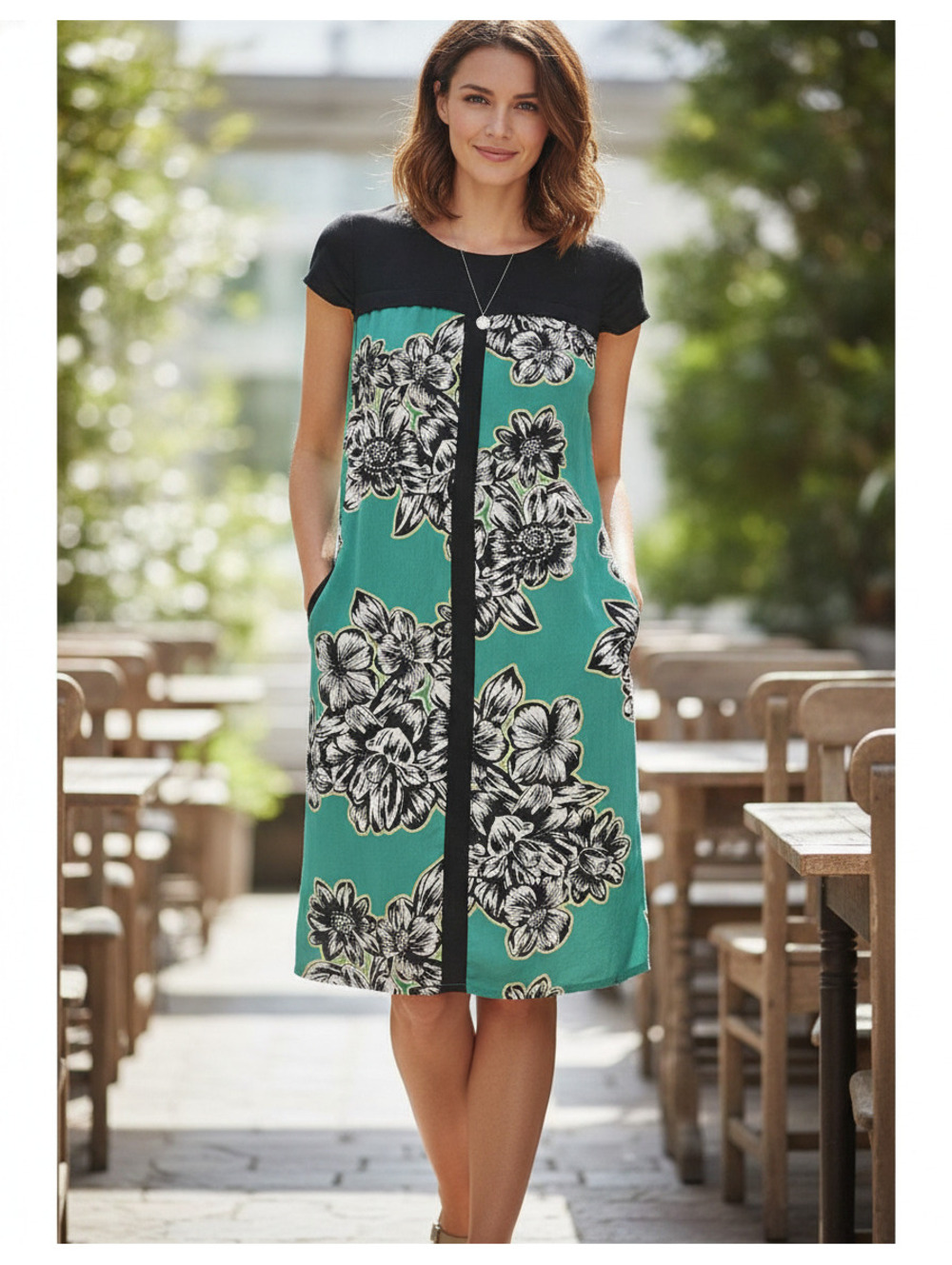 Maeve Anthropologie Ayame 2 Green Black Floral Silk Shift Dress Pockets Indie